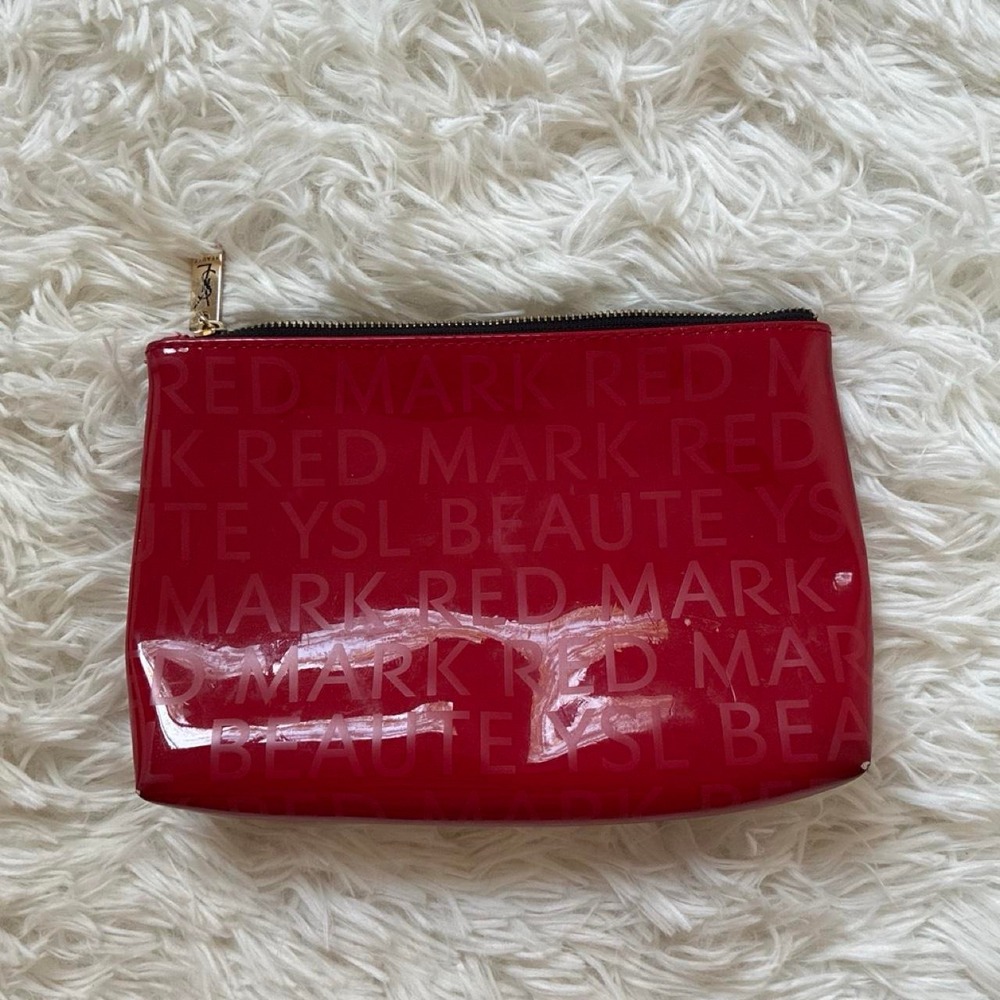 YSL red small makeup pouch with repeating text pattern - Picture 2 of 7